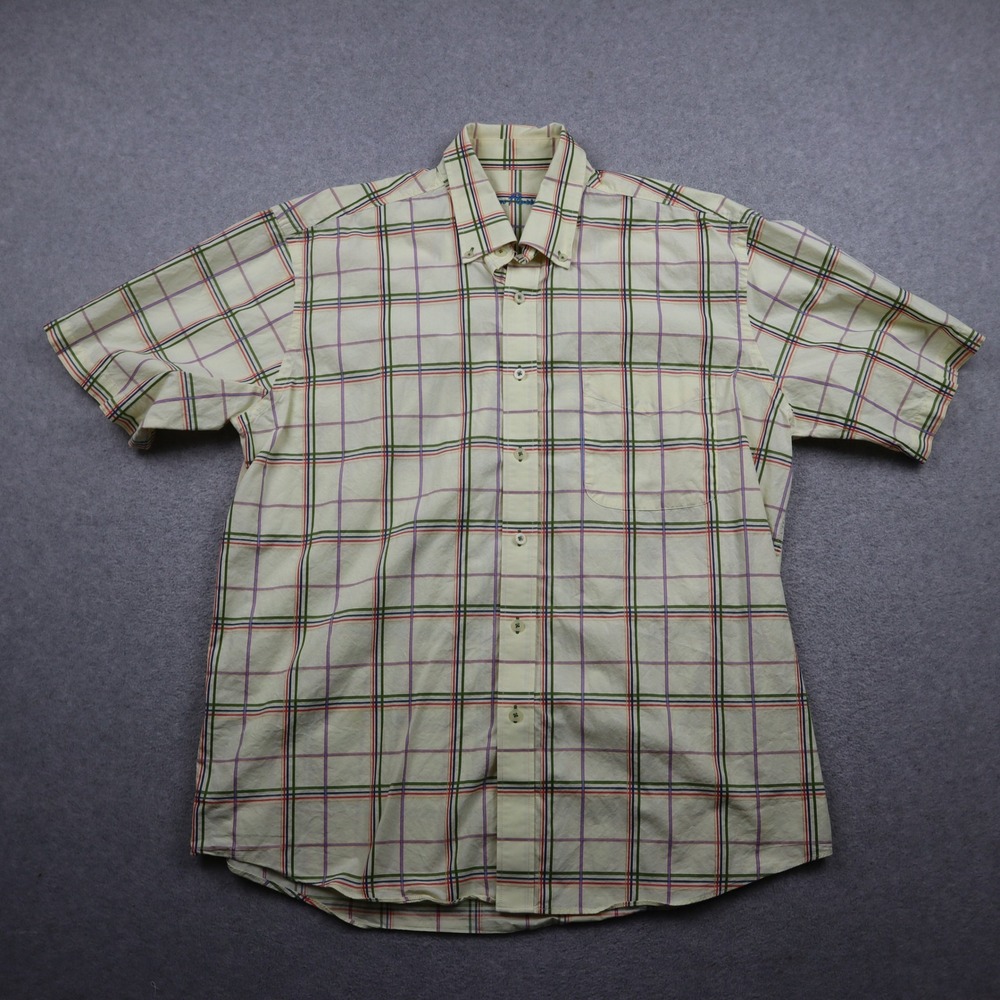 Alan Flusser Button Up Shirt Mens L Yellow Multicolor Plaid Short Sleeve Cotton